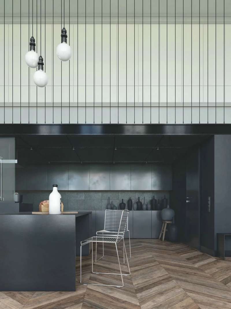 Chevron SPC floor in charcoal kitchen